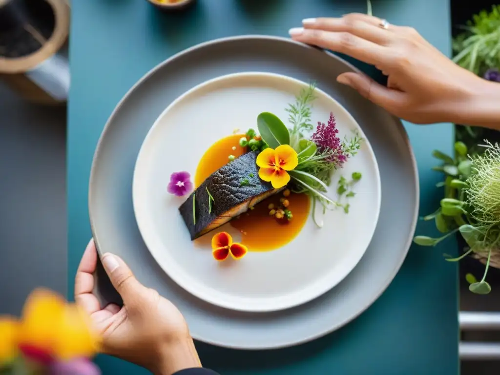 Chef en restaurante sostenible en Lima crea arte culinario con ingredientes locales y conscientes, decorando un exquisito plato con delicadeza