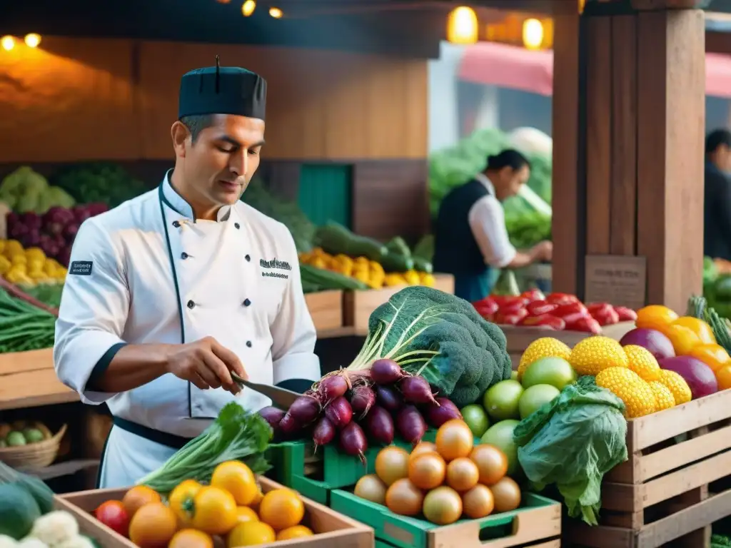 Chef de restaurante sostenible en Lima seleccionando productos orgánicos en mercado vibrante