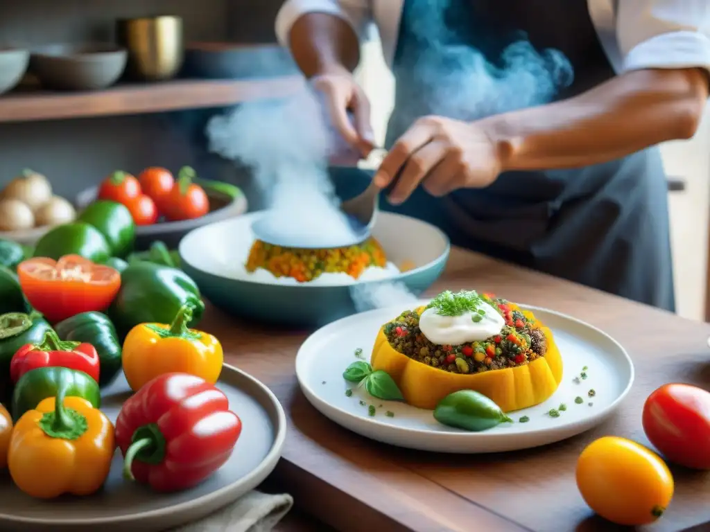 Un chef prepara un rocoto relleno andino en una cocina tradicional peruana