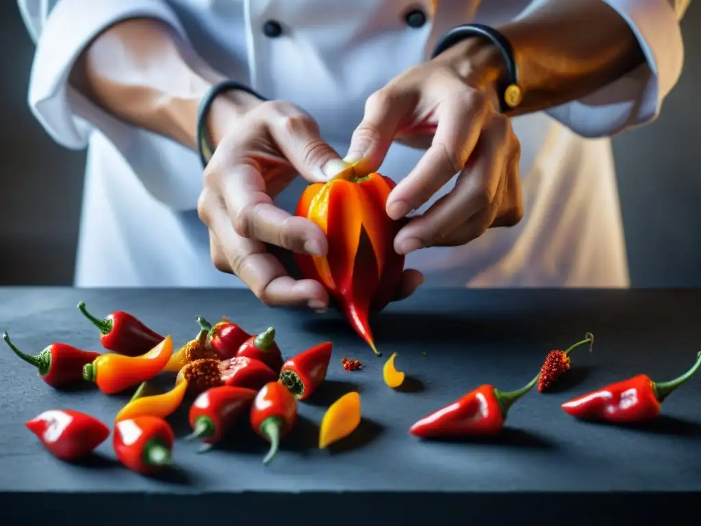 Un chef despepita un rocoto rojo con destreza, resaltando los beneficios del rocoto en gastronomía