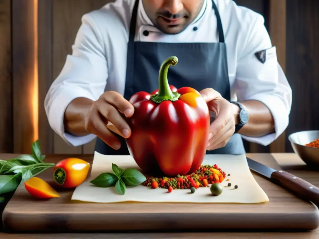 Un chef hábil rellena un rocoto rojo con precisión, destacando el estilismo para platos picantes