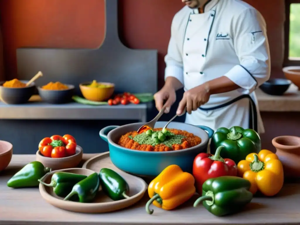 Un chef rellena meticulosamente rocotos en una cocina arequipeña tradicional, mostrando la historia del rocoto relleno arequipeño