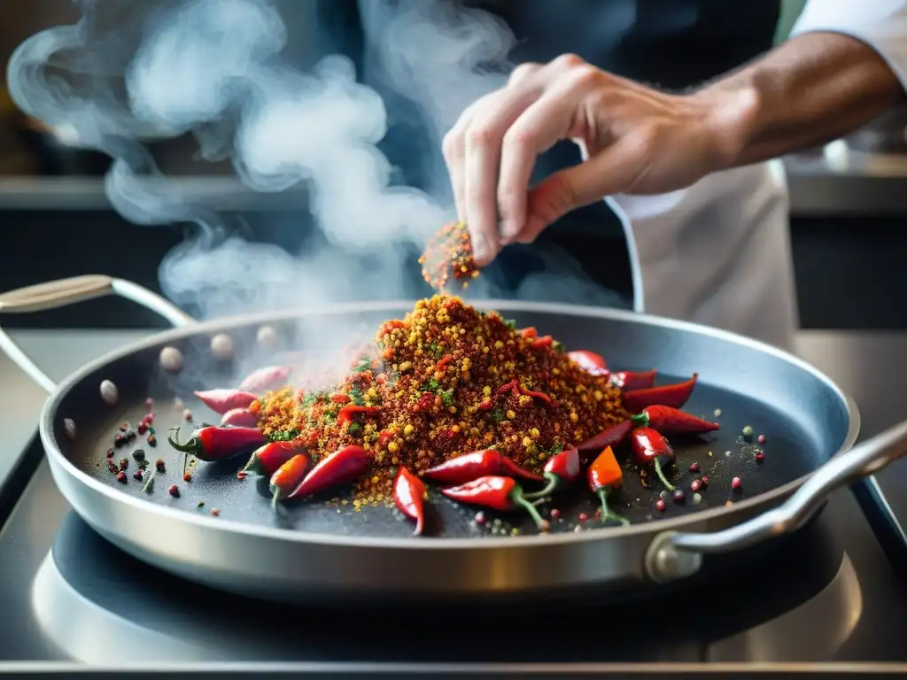 Chef espolvoreando Molle rojo sobre sartén caliente Chef esparciendo Molle rojo sobre sartén caliente: ingrediente ancestral en cocina moderna