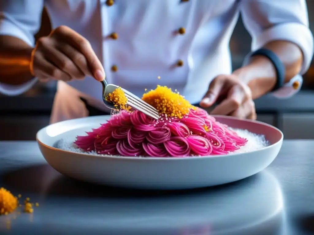 Un chef experimentando con la sal de Maras en una elegante cocina moderna