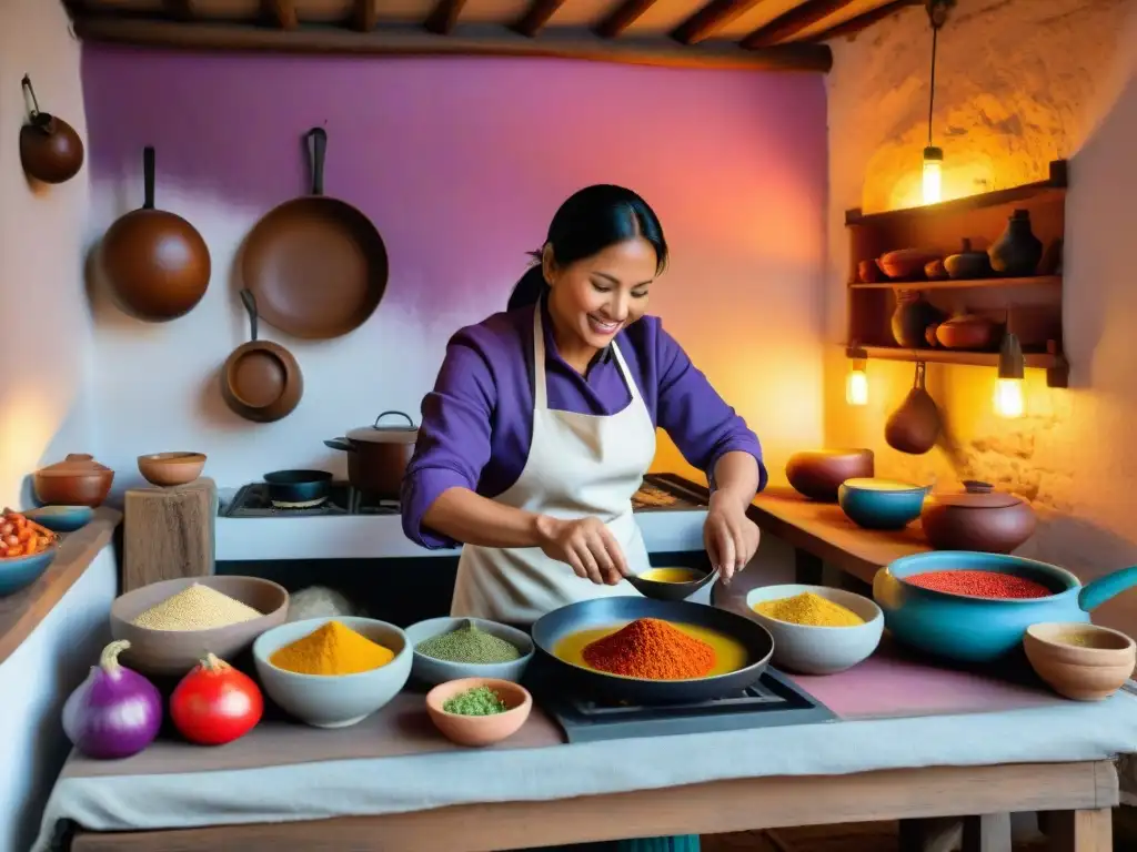 Un chef prepara salsa de tara en una cocina peruana tradicional con ingredientes autóctonos