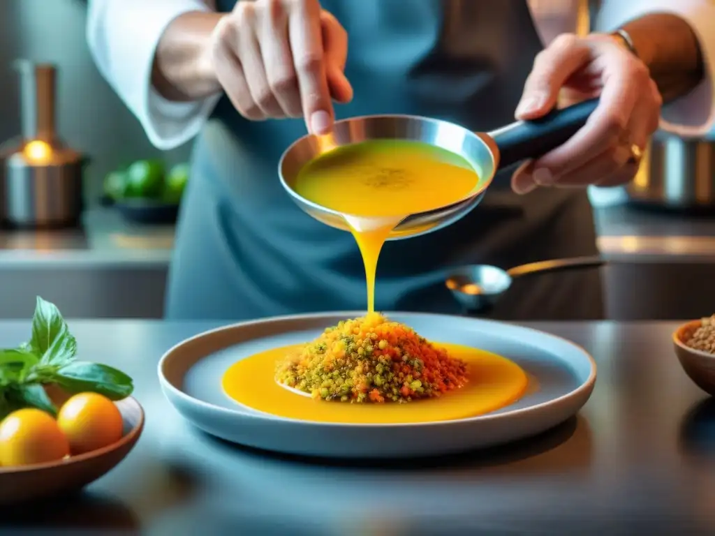 Chef preparando salsa exótica con maracuyá en cocina moderna