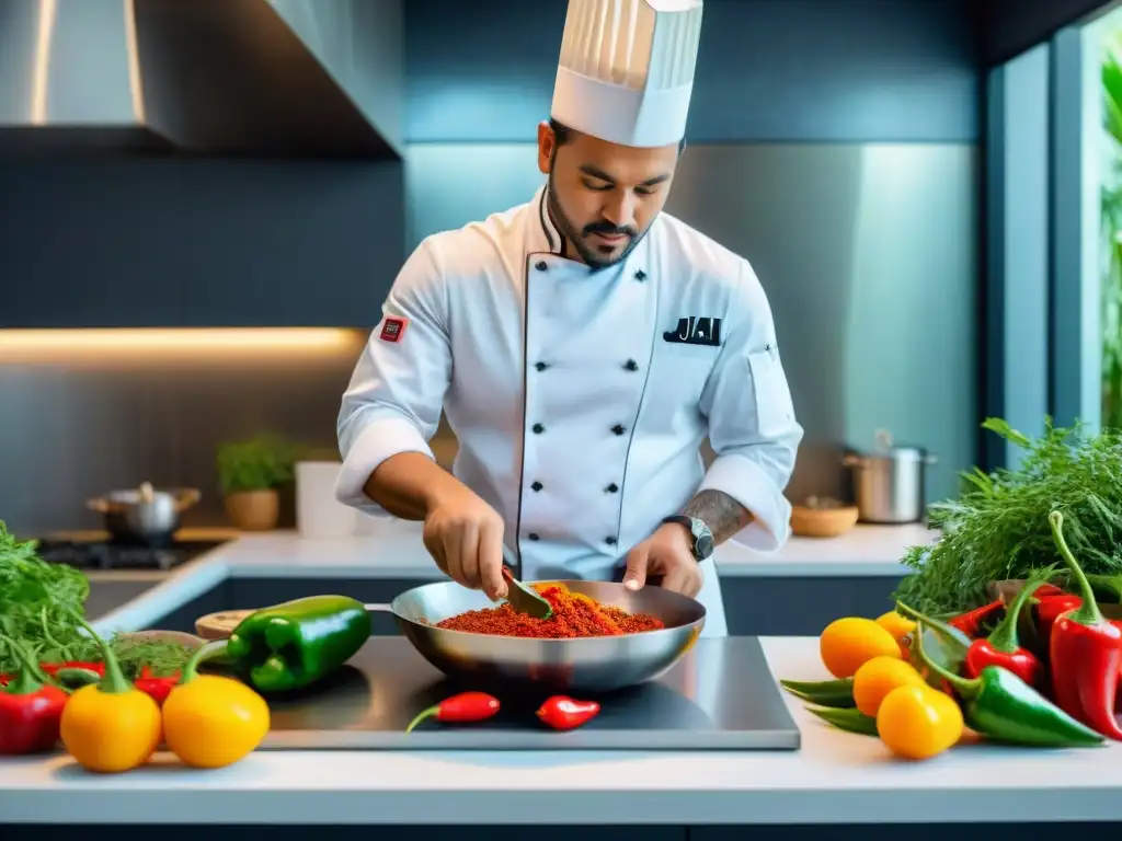 Un chef prepara una salsa con ají panca en una cocina moderna