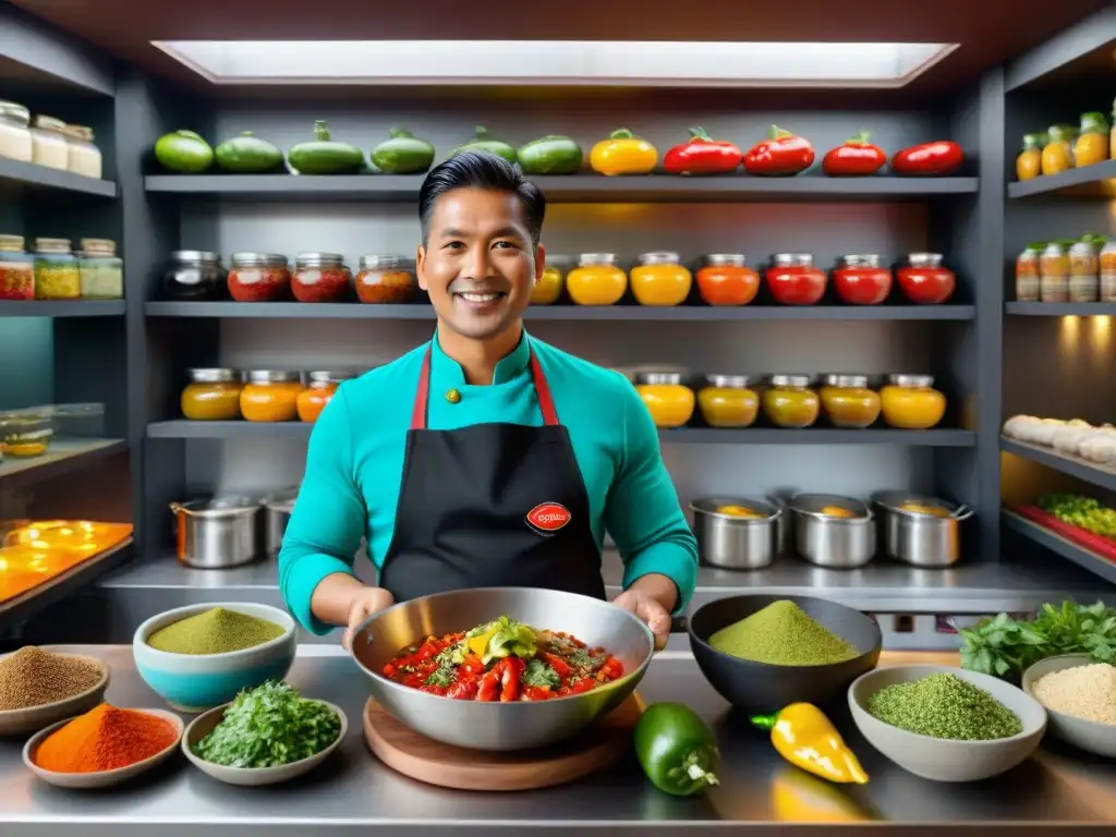 Un chef prepara salsa peruana en molcajete, destacando innovación en sabores y texturas