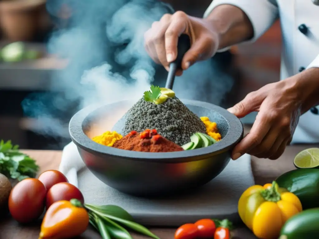 Un chef prepara salsas peruanas innovadoras, mezclando sabores, texturas y colores en un molcajete tradicional