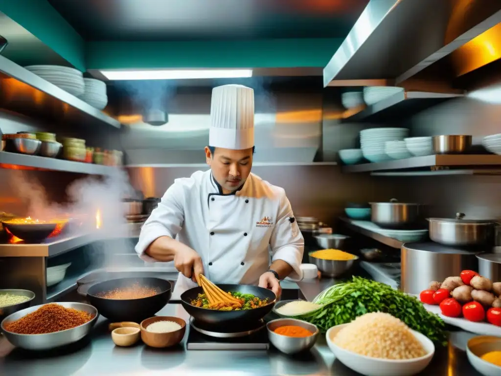 Un chef chino-peruano prepara Lomo Saltado en una cocina bulliciosa, mostrando platos tradicionales peruanos con historias