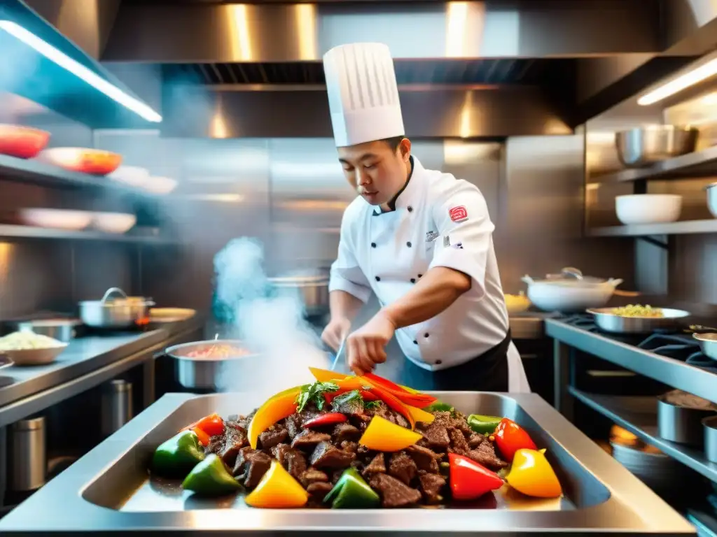 Un chef hábil preparando Lomo Saltado en una cocina bulliciosa, fusionando tradiciones culinarias chino-peruanas