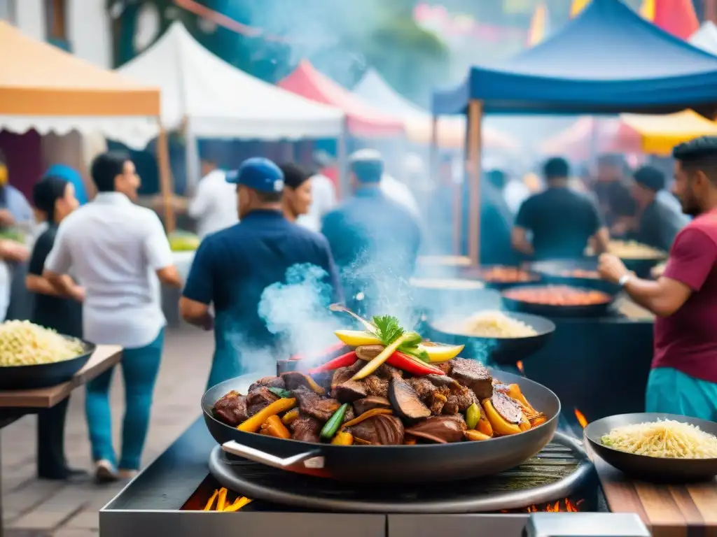 Chef preparando Lomo Saltado en Festival Gastronomía Costeña Lomo Saltado, con multitud de turistas y lugareños disfrutando