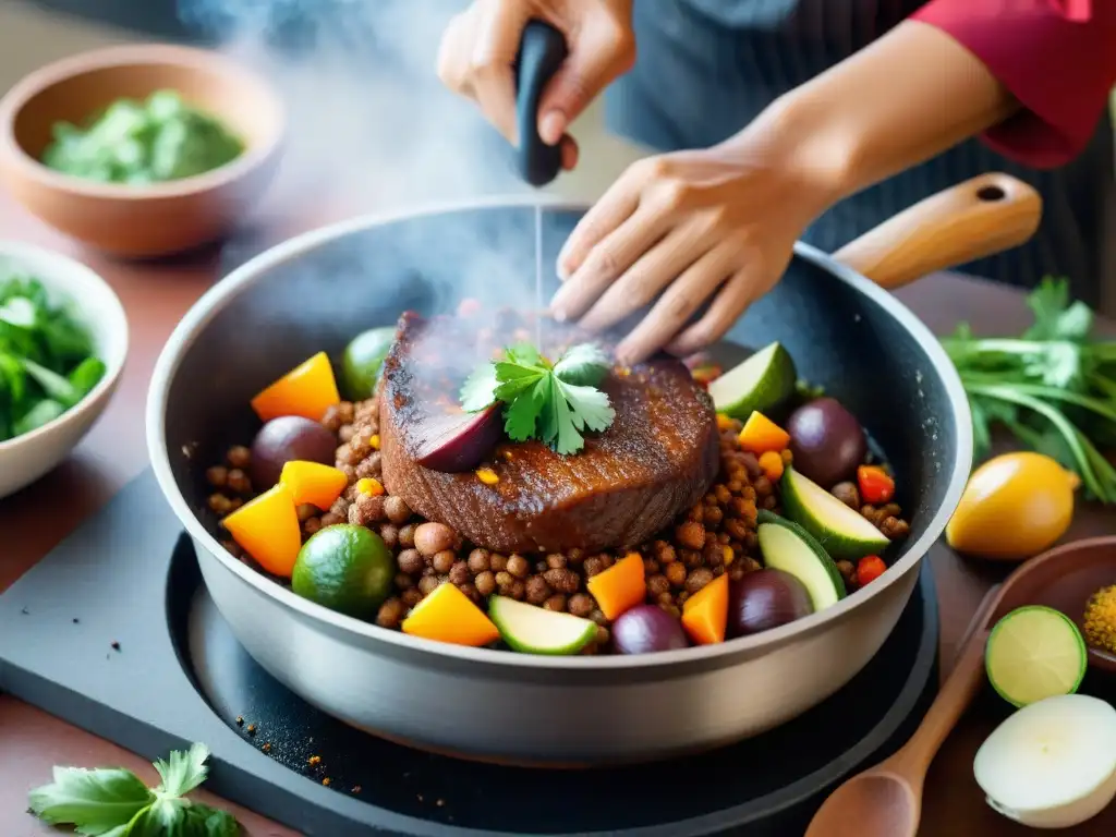 Un chef sazona y saltea sangrecita peruana rodeado de vegetales frescos y hierbas aromáticas