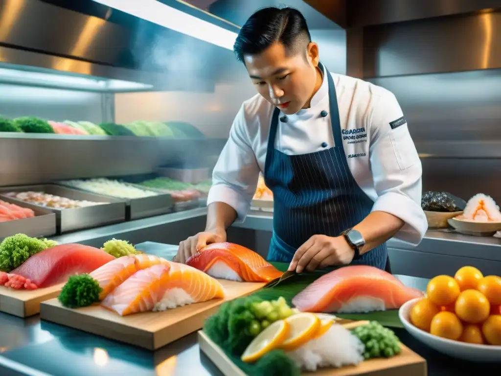 Un chef Nikkei cortando sashimi fresco en un mercado peruano tradicional, rodeado de colores vibrantes