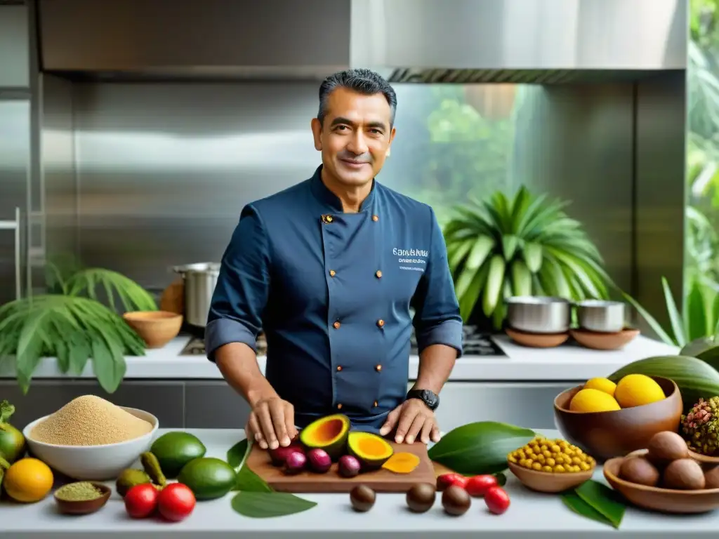 Chef Pedro Miguel Schiaffino en su cocina con ingredientes amazónicos