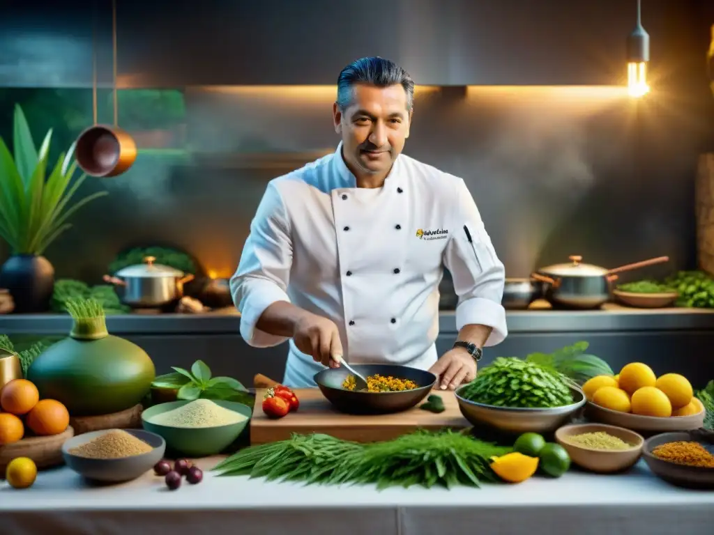 Chef Pedro Miguel Schiaffino preparando plato amazónico con ingredientes selváticos en bulliciosa cocina de la selva