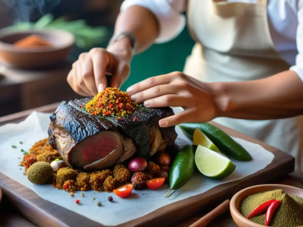 Chef preparando seco de cabrito con especias peruanas en cocina tradicional