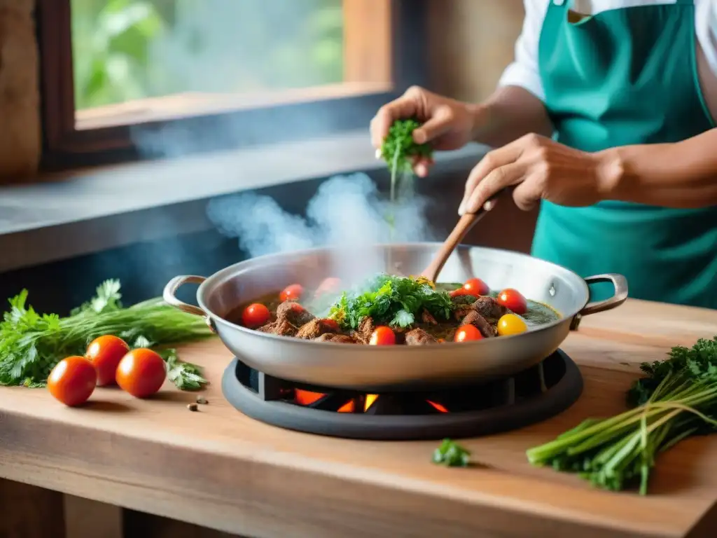 Un chef preparando Seco de Cordero en una cocina peruana tradicional, con ingredientes frescos y especias aromáticas en una mesa rústica de madera