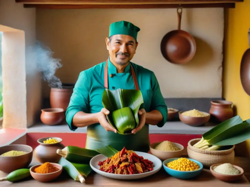 El chef Gastón Acurio revela secretos tamales peruanos con ingredientes autóctonos en cocina tradicional vibrante