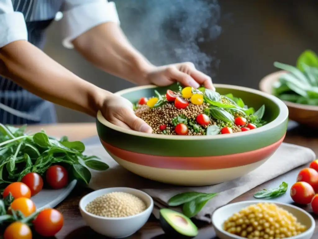 Un chef esparciendo semillas de amaranto en una ensalada colorida