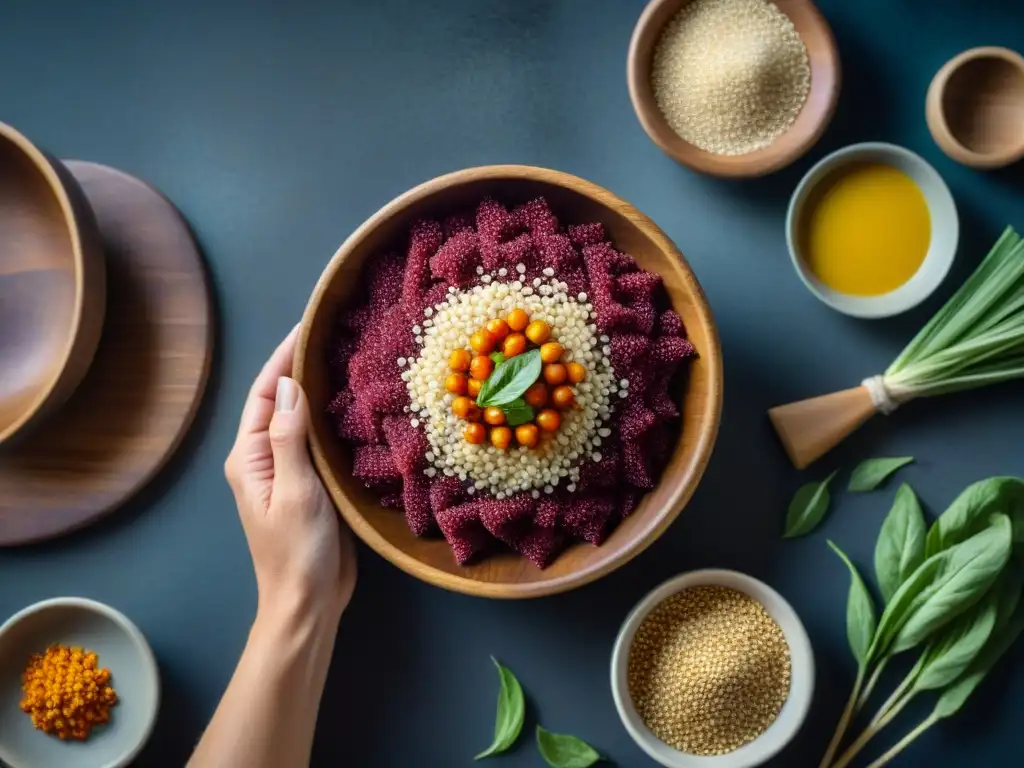 Un chef esparciendo semillas de amaranto en un tazón de madera con vegetales y utensilios de cocina, resaltando los usos del amaranto en cocina