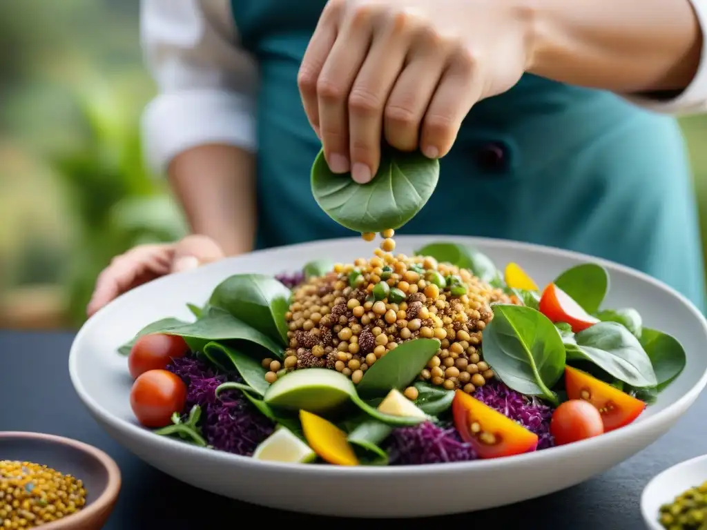 Un chef esparciendo semillas de tarwi sobre ensalada mediterránea, fusionando supergranos andinos con sabores internacionales