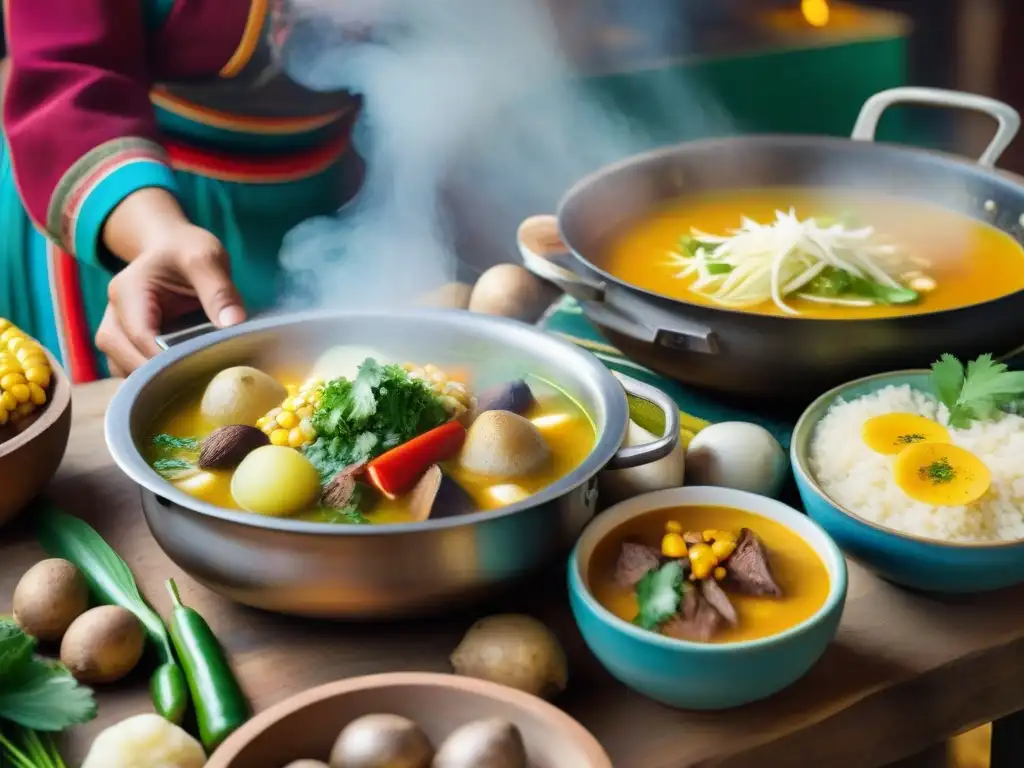 Chef preparando sopa peruana en cocina tradicional llena de ingredientes autóctonos