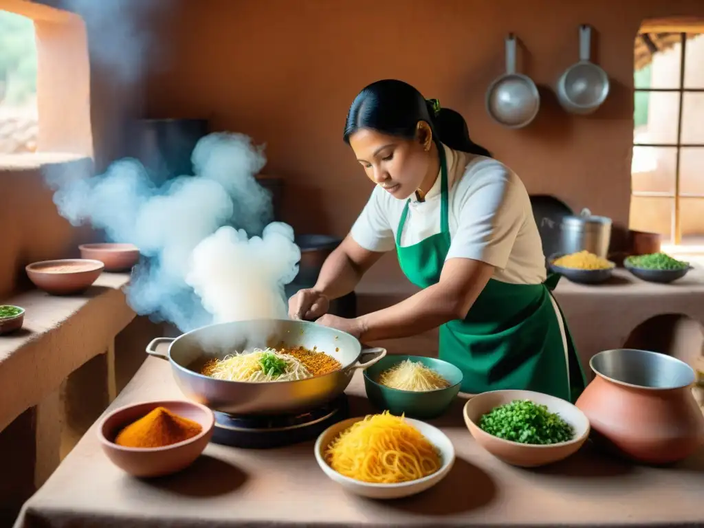 Un chef prepara sopa seca en cocina norteña: ingredientes frescos, utensilios rústicos y ambiente acogedor iluminado por fuego