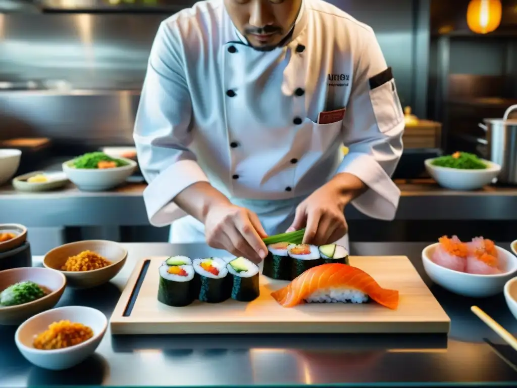 Un chef de sushi fusiona ingredientes peruanos y técnicas japonesas en un roll vibrante, en una cocina bulliciosa