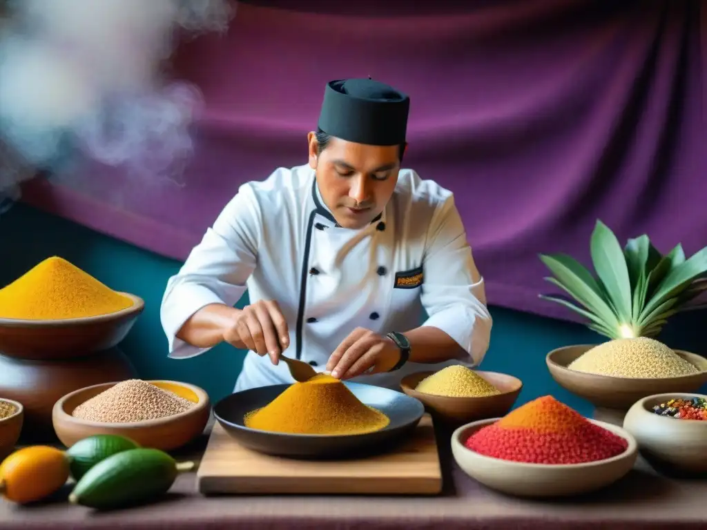 Un chef prepara un suspiro a la limeña en cocina peruana tradicional, rodeado de ingredientes coloridos