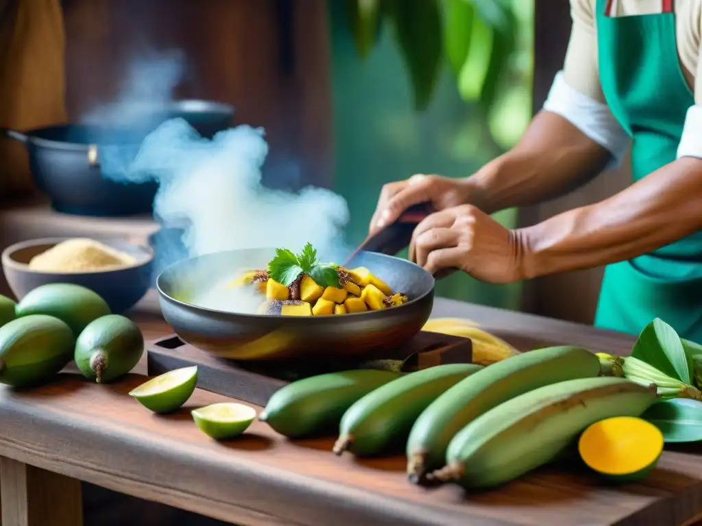 Un chef prepara tacacho con cecina en una cocina peruana tradicional, con ingredientes frescos y utensilios amazónicos