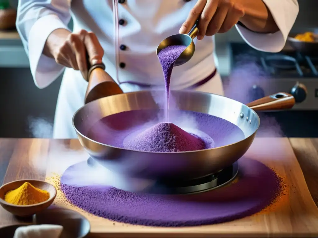 Un chef talentoso usando una zaranda para cernir maíz morado en una cocina moderna