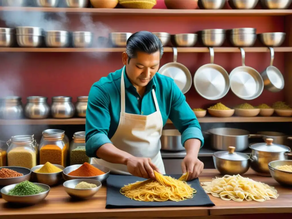 Un chef fusiona técnicas culinarias en una bulliciosa cocina peruana, creando Sopa Seca