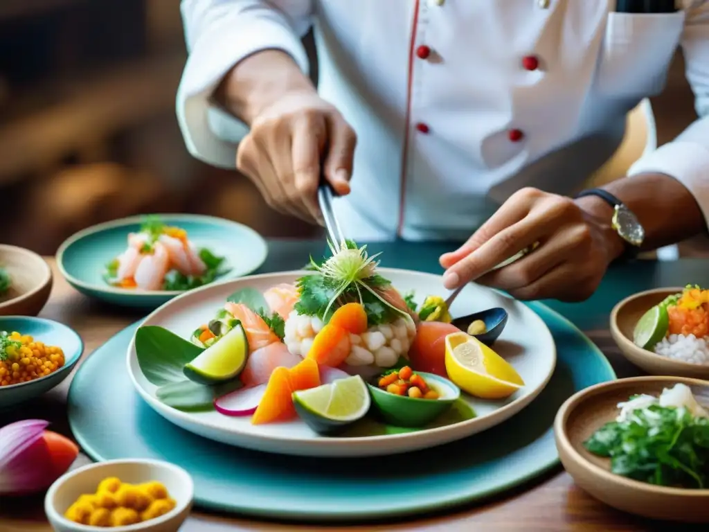 Chef muestra técnicas de emplatado cocina peruana con ceviche fresco y coloridas garnituras en plato de cerámica