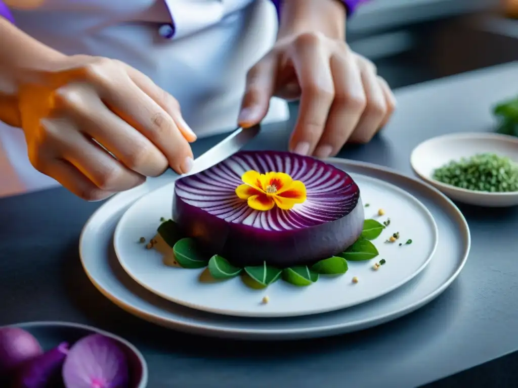 Un chef muestra técnicas modernas en la presentación de platos peruanos, arreglando rodajas de papa morada en un diseño cautivador