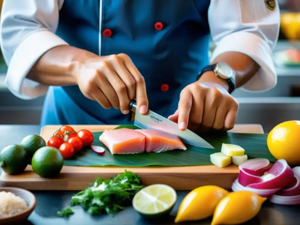 Maestro cortando pescado fresco para tiradito en mercado peruano Un chef cortando tiradito de pescado amarillo fresco en un mercado peruano de mariscos