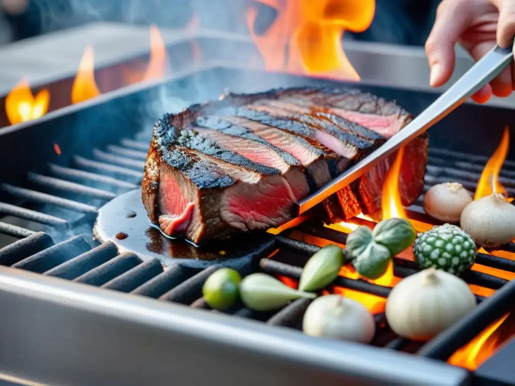 Un chef coloca tiras de lomo sazonado en una piedra caliente sobre la parrilla