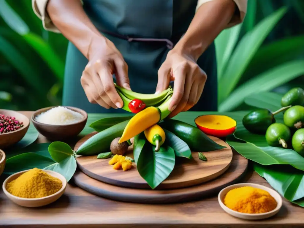 Un chef tradicional de la Amazonía peruana prepara un platillo colorido rodeado de exuberante vegetación y flores tropicales