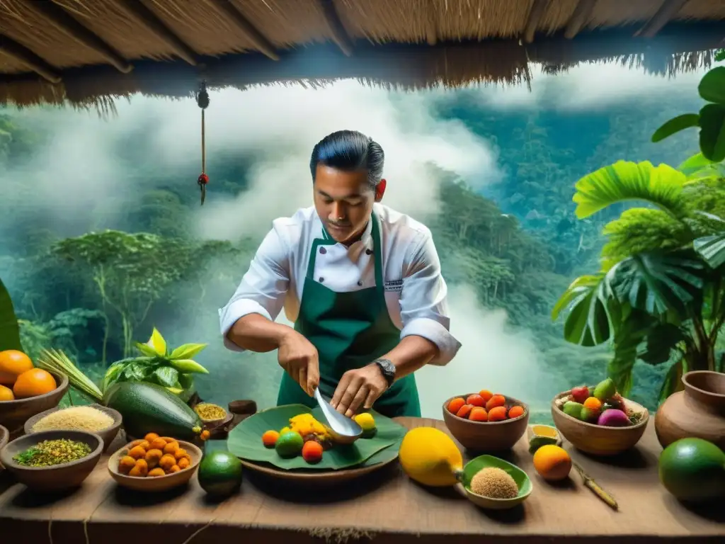 Un chef tradicional amazónico de Perú prepara un plato vibrante en una cocina rústica en la selva