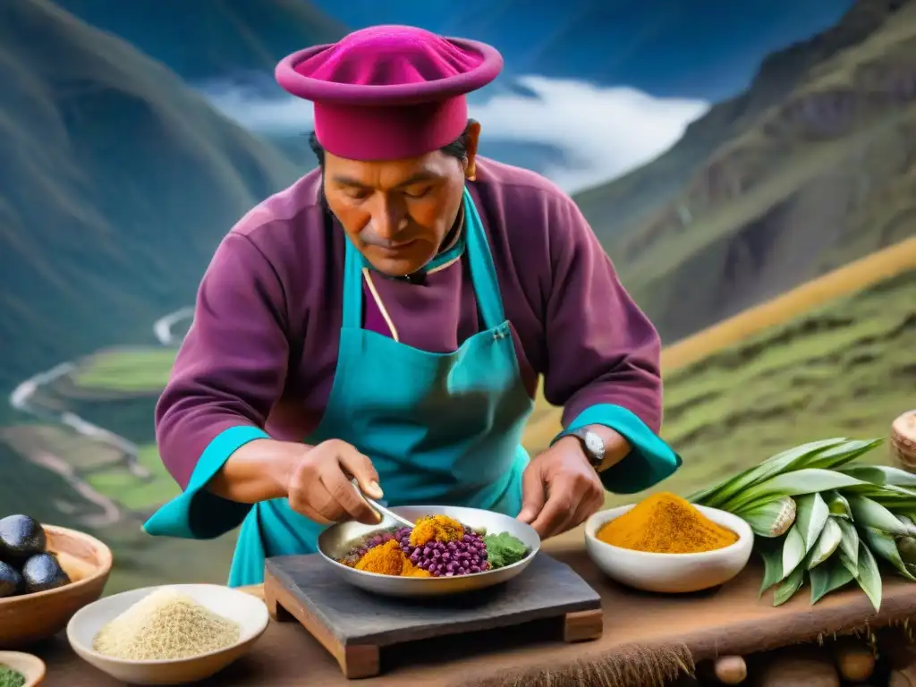 Un chef tradicional peruano en las alturas de la Sierra preparando una Pachamanca con ingredientes de la región