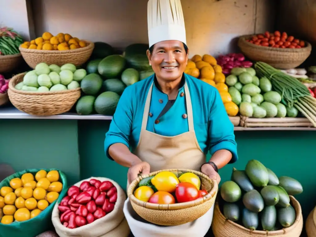 Un chef tradicional peruano en un mercado animado de Lima, con productos frescos y coloridos