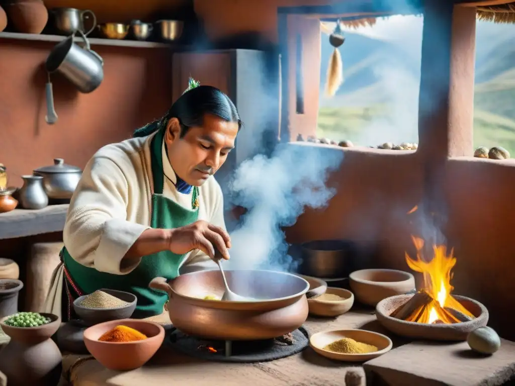 Un Chef tradicional peruano preparando un plato en cocina prehispánica en los Andes