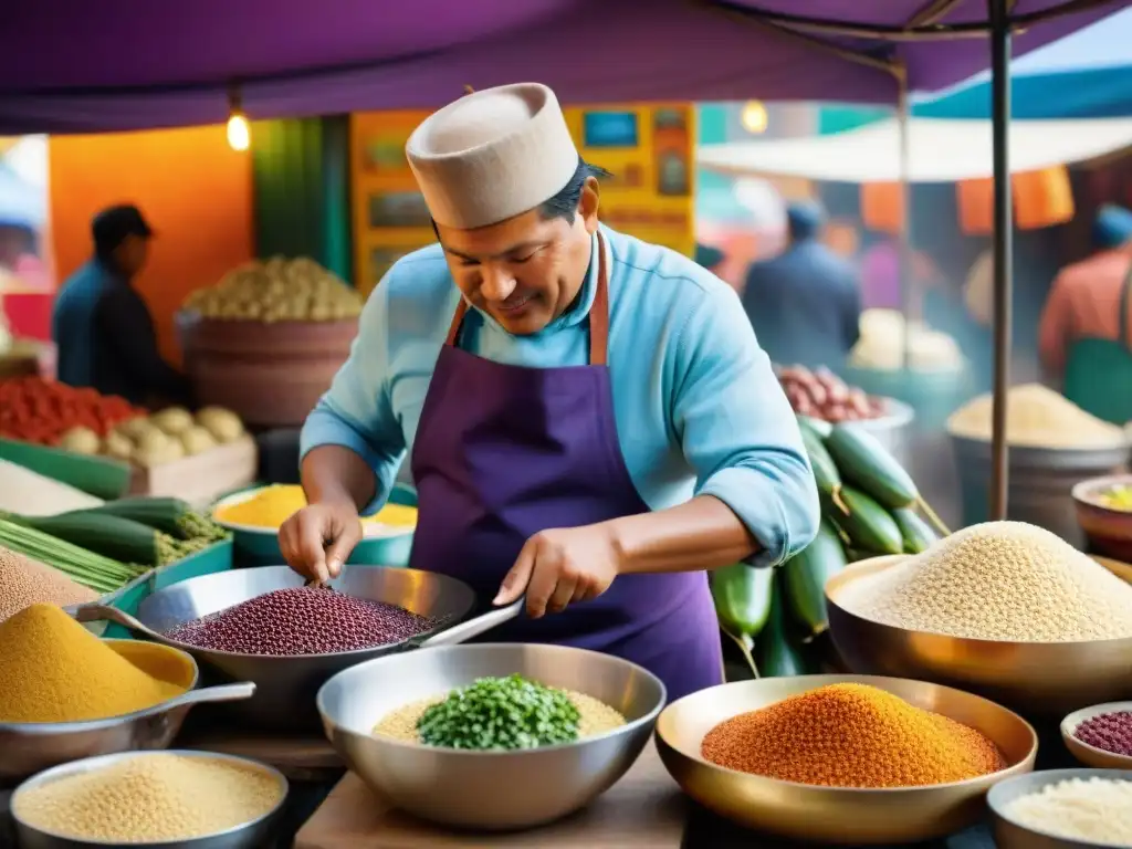 Un chef tradicional peruano preparando sopa de quinoa en un mercado bullicioso