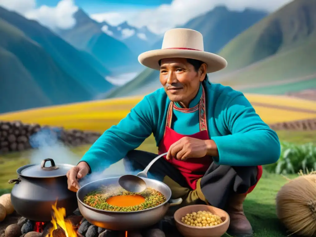 Un chef tradicional peruano preparando sopa en los Andes con ingredientes autóctonos