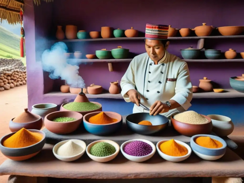 Un chef en traje tradicional prepara platos contemporáneos peruanos en una cocina preincaica