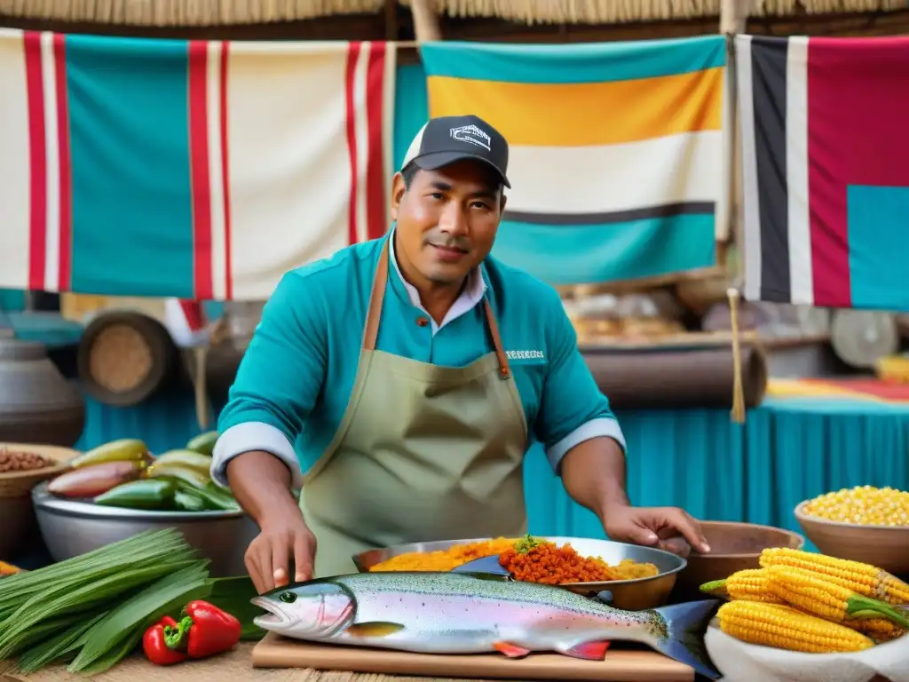 Un chef prepara trucha frita en Perú rodeado de ingredientes tradicionales en un mercado andino colorido