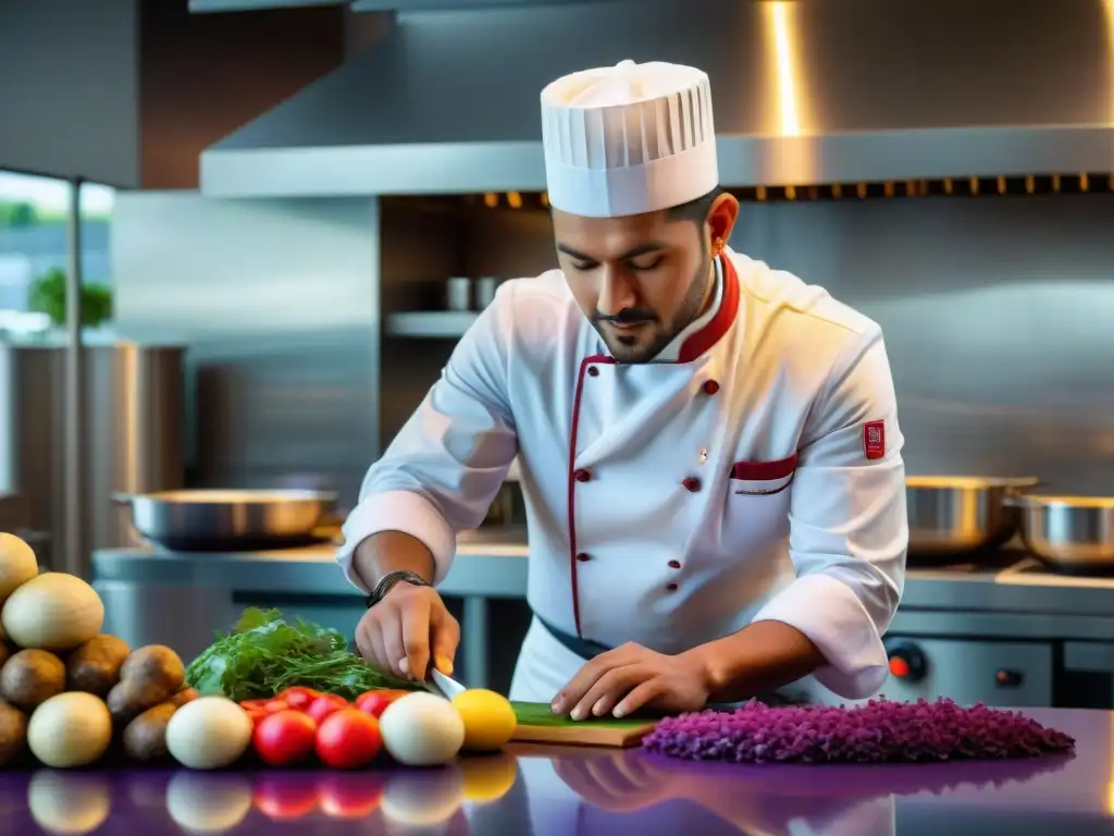 Un chef prepara tubérculos andinos en cocina vanguardia con precisión y creatividad