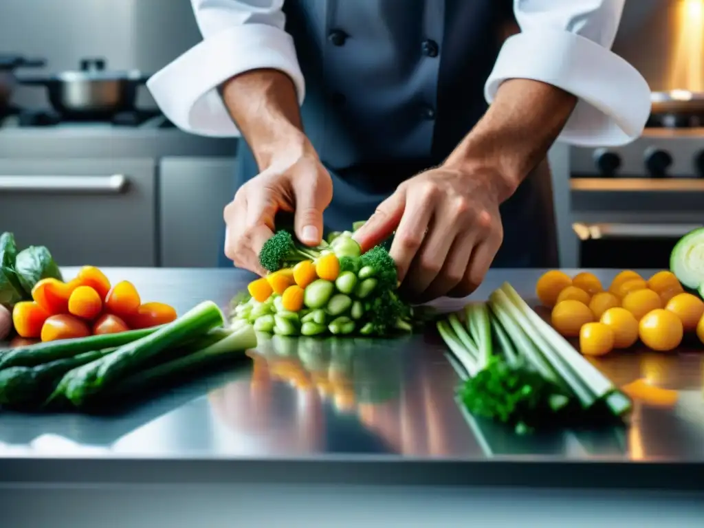 Un chef arregla tubérculos andinos con precisión en una cocina vanguardista