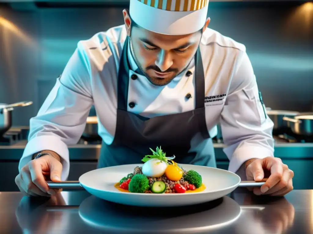 Un chef en uniforme blanco preparando un plato fusionado, destacando el proceso culinario