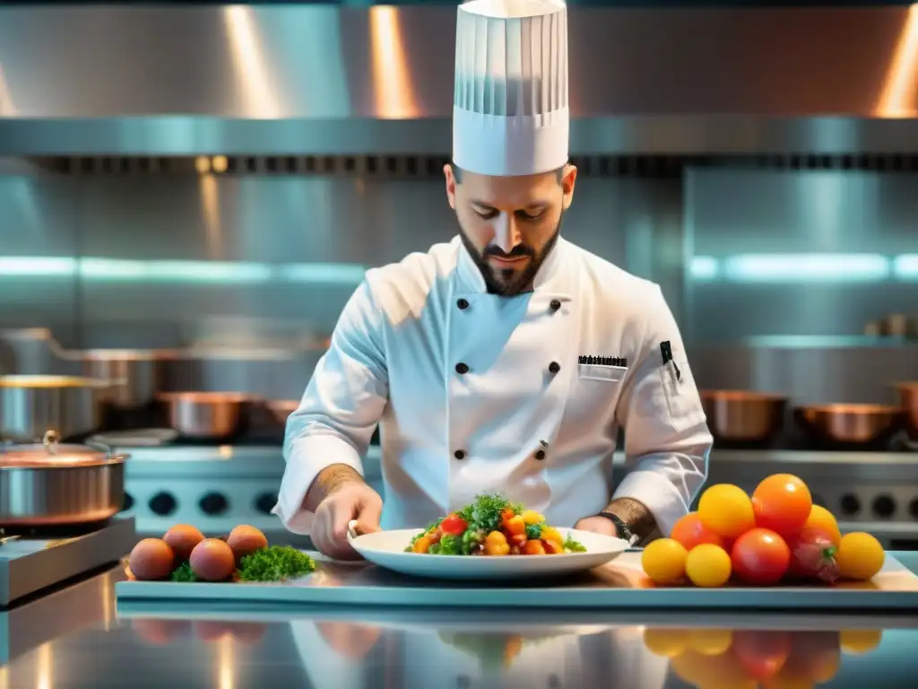 Un chef en uniforme blanco meticulosamente presenta un plato vanguardista, fusionando arte y gastronomía en un ambiente culinario dinámico